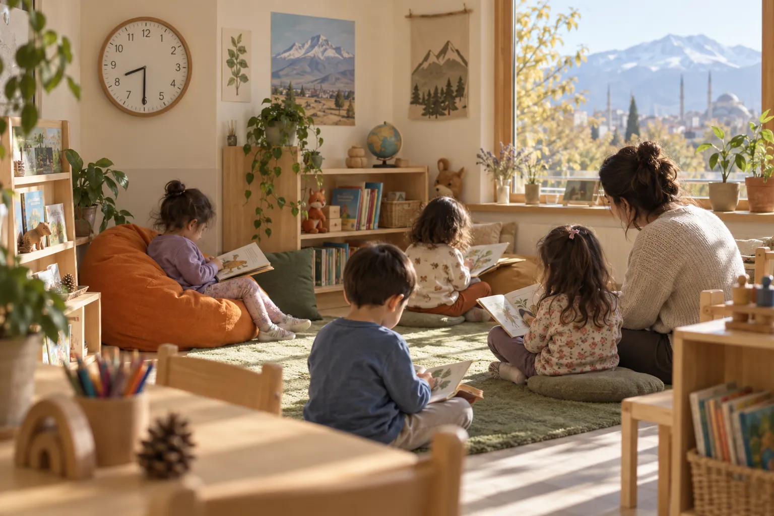Sabah grubunda çember zamanı yapan çocuklar ve öğretmenleri